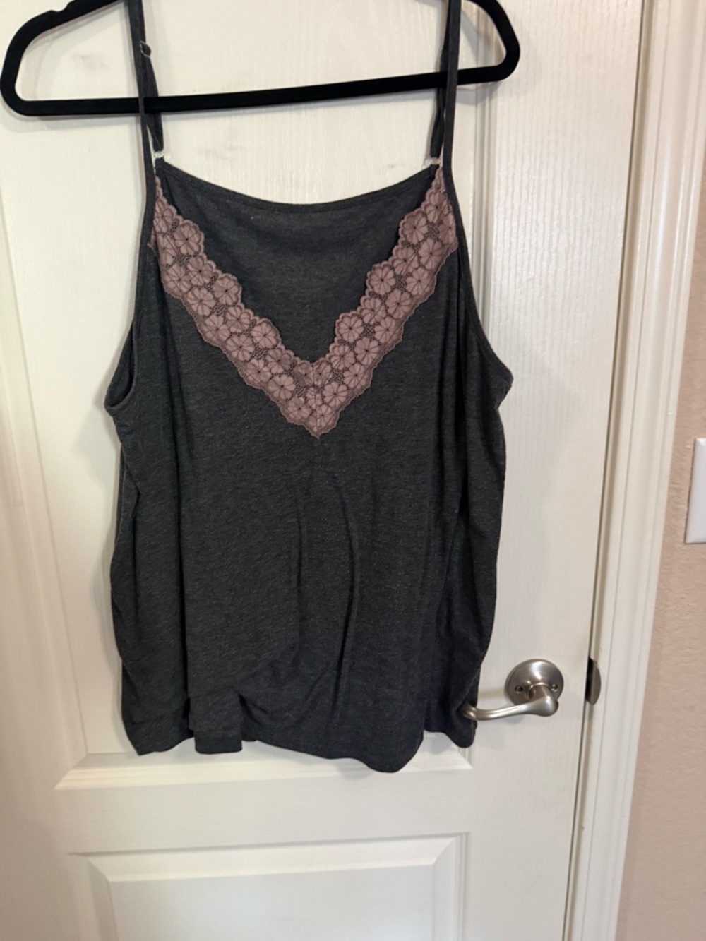 Charcoal Lace-Trim Women's Camisole with Mauve V-Inset